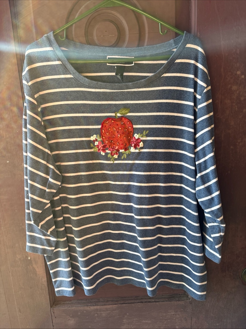 Karen Scott Navy and White Striped Long-Sleeve Top with Red Apple Embroidery